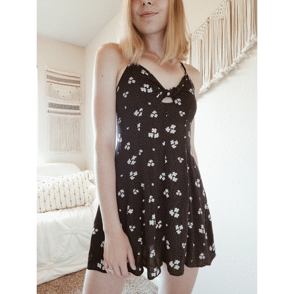 AE Black Floral Polka Dot Mini Twist Front Dress - Picture 2 of 9